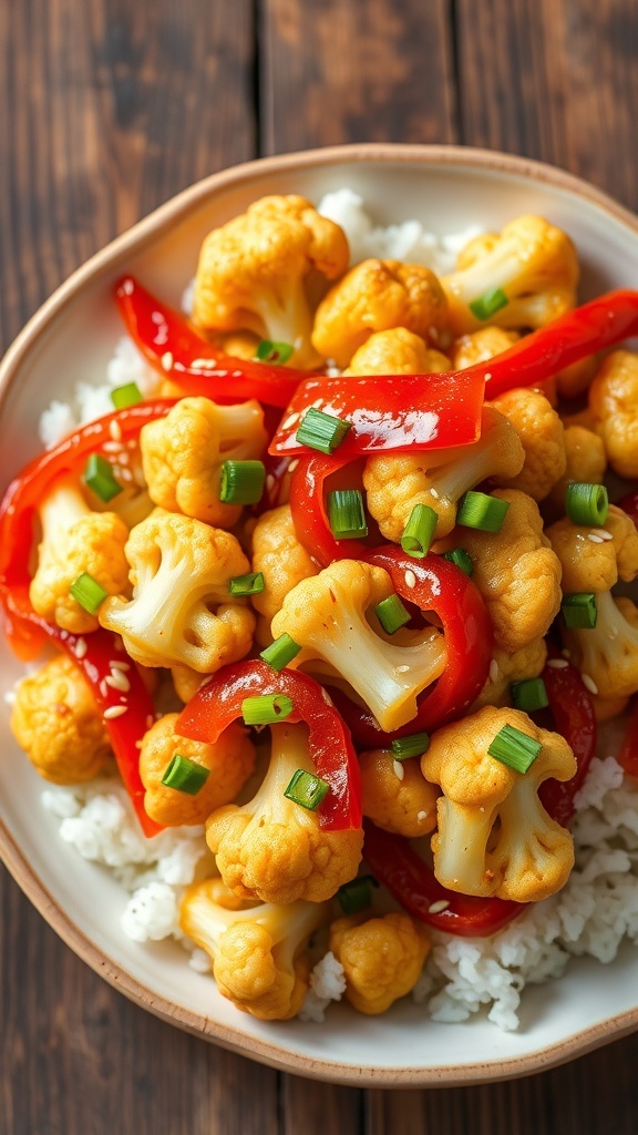 A colorful cauliflower stir-fry with bell peppers and garnished with green onions and sesame seeds, served over rice.